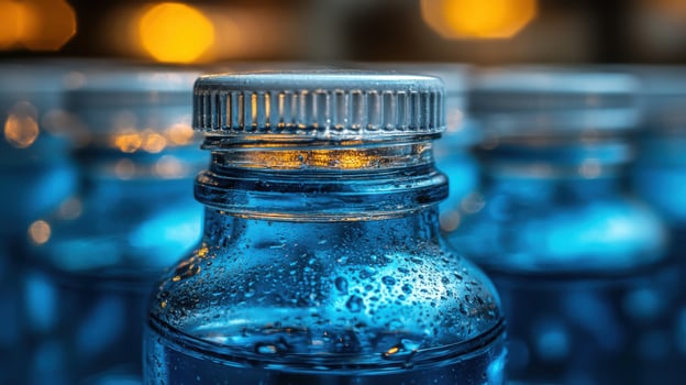 Close-up of a water bottle with droplets showing reflections of light in a blurred background at a market photo