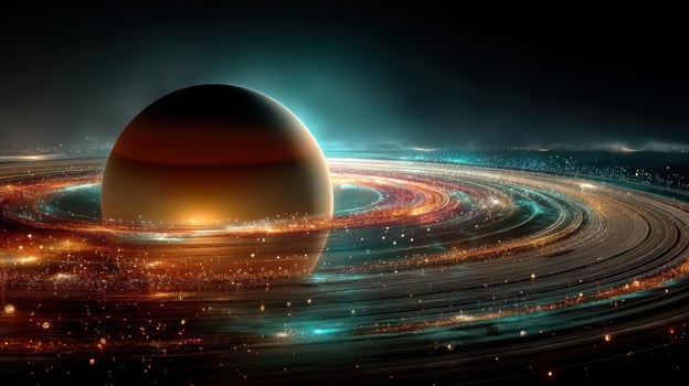 Planet with rings surrounded by colorful cosmic dust in a distant galaxy during a stellar display photo