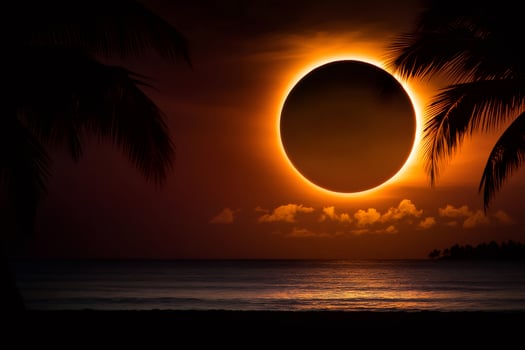 Amazing solar eclipse over tropical beach at sunset with palm trees silhouettes photo