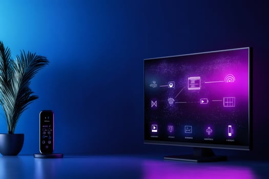 Smart home automation system controlling devices with tv and mobile app in futuristic room photo