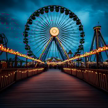 Ferris wheel and carousel shining at dusk in amusement park photo