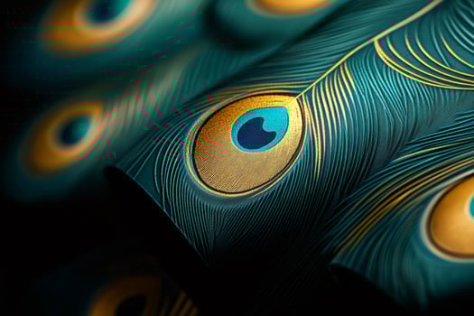 Peacock feather pattern embossed on luxurious green fabric photo