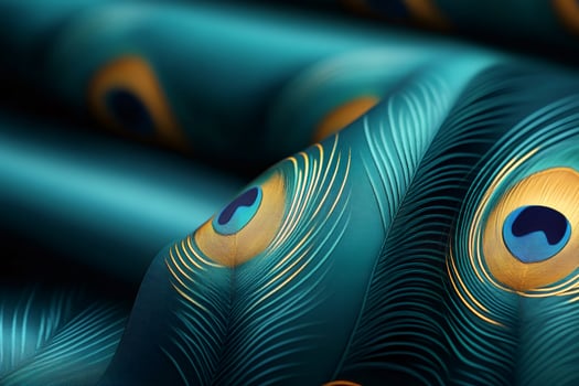 Peacock feather pattern fabric flowing gently in teal and gold photo