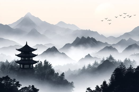 Traditional pagoda emerging from misty forest in majestic mountain landscape photo