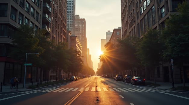 Urban Street with Buildings, Trees, Cars, and Sunlight photo