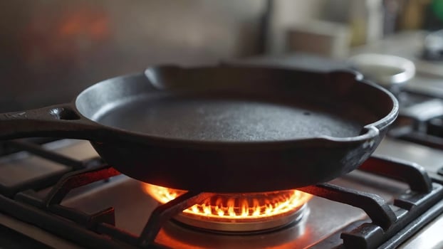 A cast iron skillet on a gas stove photo
