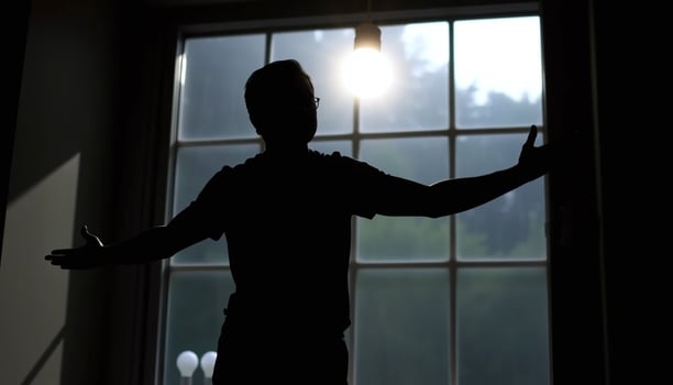 A silhouette of a man standing in front of a window photo
