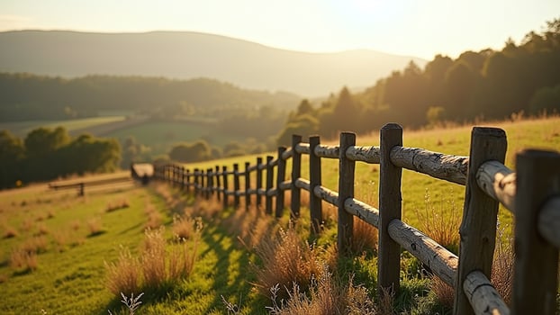 Wooden Fence in Field Leading to Hills photo