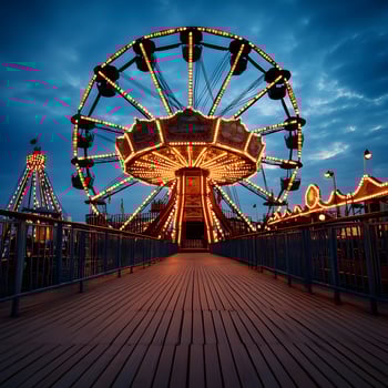 Ferris wheel and carousel shining at dusk in amusement park. photo
