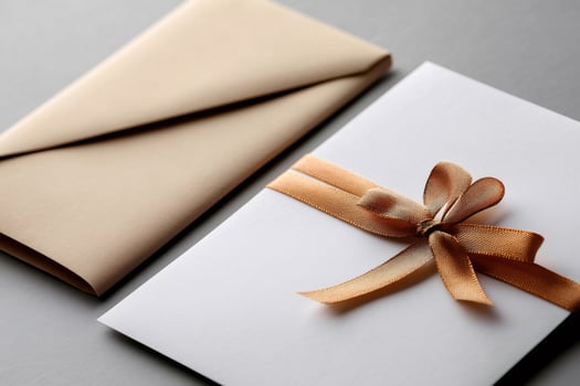 Elegant white envelope with gold ribbon near beige envelope on gray background photo