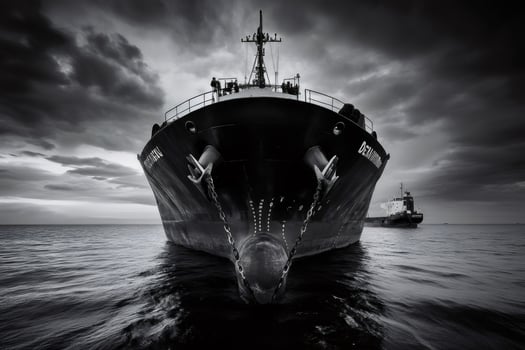 Large cargo ship anchored at sea under dramatic sky in black and white photo