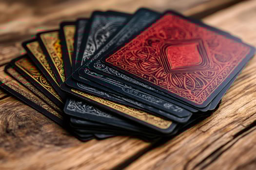 Deck of cards with intricate designs lying on wooden table photo
