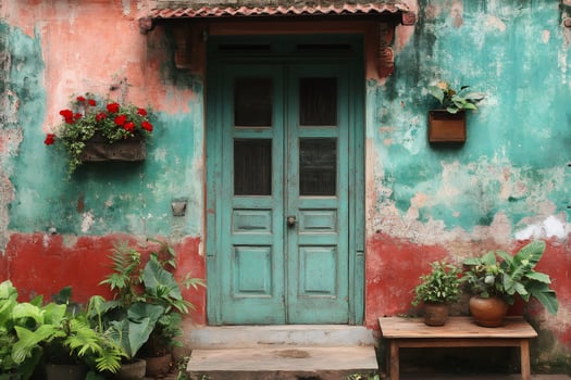 Old turquoise door and colorful wall with flower pots in traditional indian house photo