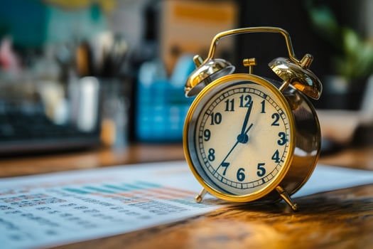 Golden alarm clock ticking on wooden desk with charts and computer in background photo
