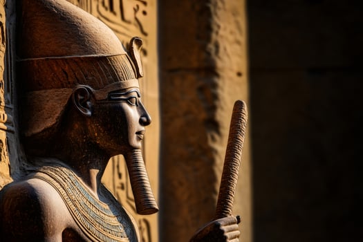 Majestic stone pharaoh statue holding a ceremonial staff in ancient temple photo