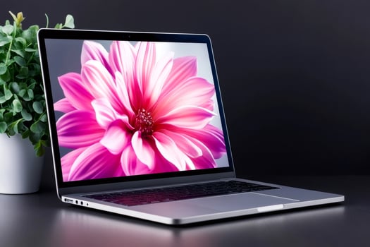 Modern silver laptop displaying a vibrant pink flower on a dark desk photo