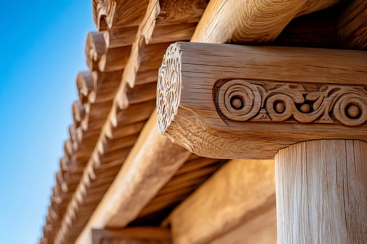 Intricate wooden carvings adorning traditional building against blue sky photo
