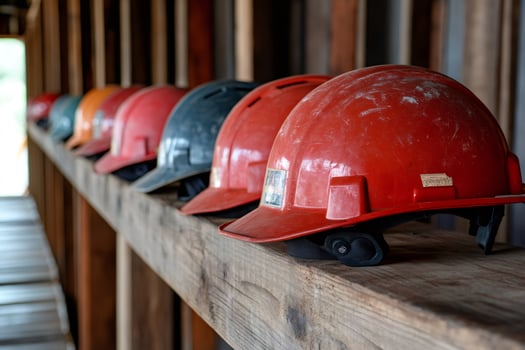 Colorful hard hats resting on wooden shelf in industrial setting photo