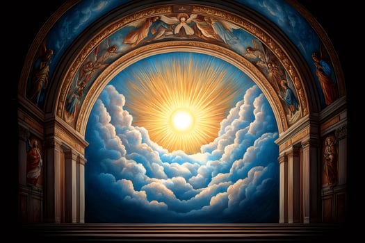 Divine light shining through clouds in ornate church mural photo