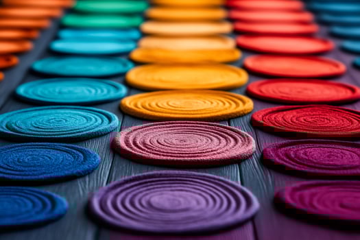 Colorful round coasters forming a gradient on dark wooden surface photo
