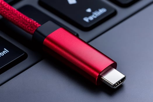 Red usb c cable lying on modern laptop keyboard photo