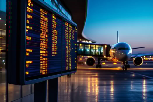 Airport departure board showing flight information with airplane waiting at gate at dusk photo