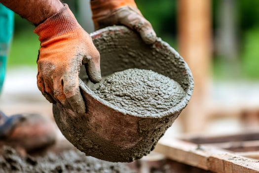 Construction worker pouring concrete mix into wooden formwork at building site photo
