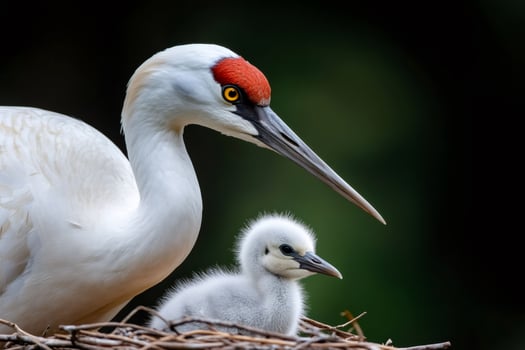 Whooping crane protecting its chick in the nest photo
