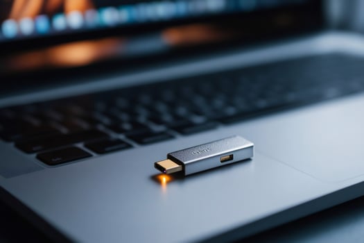 Usb c dongle resting on modern laptop keyboard, embracing technological connectivity photo