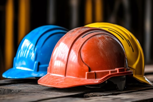 Colorful hard hats resting on wooden surface in industrial setting photo