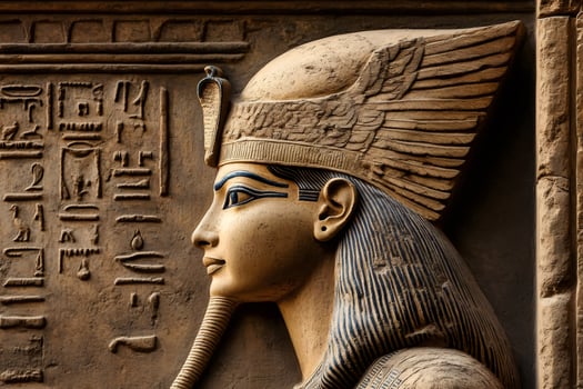 Egyptian queen carving showing hieroglyphics and winged headdress photo