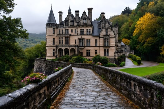 Stone bridge leading to a majestic castle in the french countryside photo