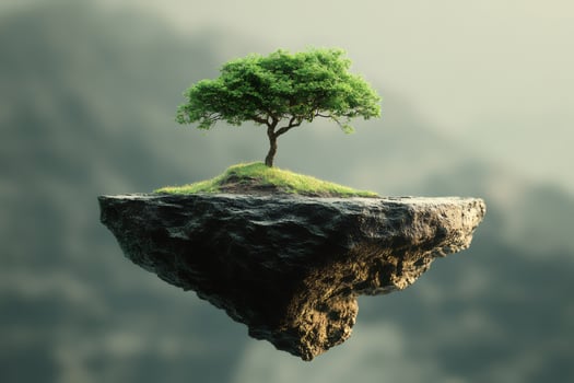 Lonely tree growing on a floating rock island in the sky photo