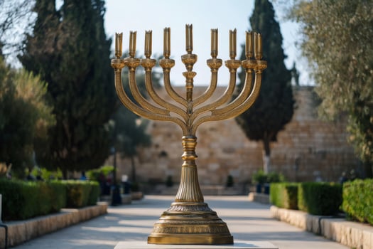 Large golden menorah standing in front of the western wall in jerusalem photo