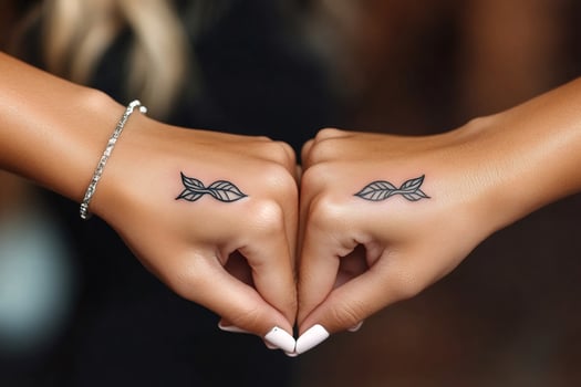 Two hands showing matching minimalist leaf tattoos photo