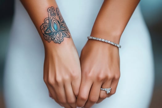 Bride showing her tattoo, bracelet and engagement ring photo