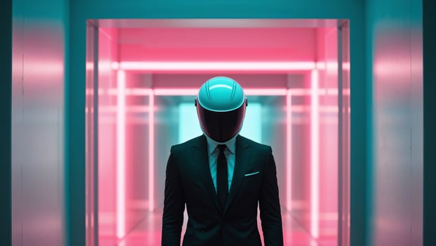 A man in a suit and tie standing in a hallway photo