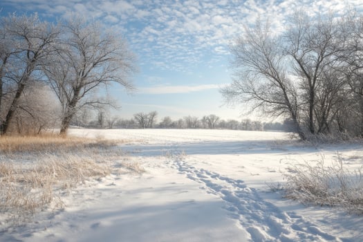 Snowy Landscape with Bare Trees and Footprints photo