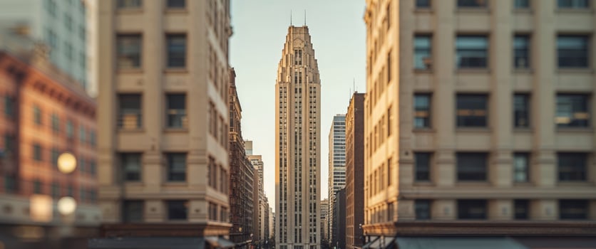 A tall building is seen in the middle of a city photo