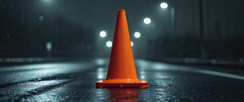 An orange safety cone stands on a wet road at night photo
