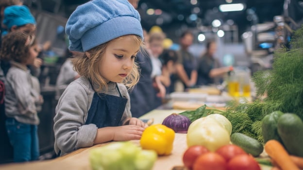 A little girl in a chef hat is cutting vegetables photo