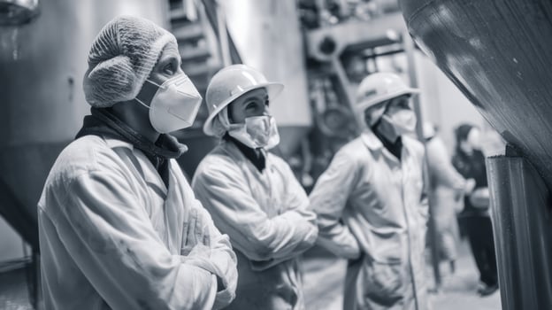 Three men wearing protective gear stand in a factory photo