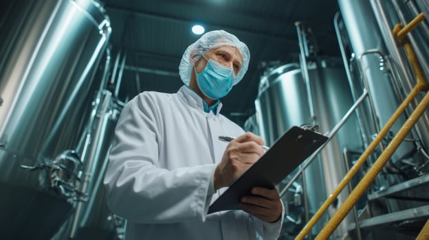 A man in a white coat and mask is writing on a clipboard photo