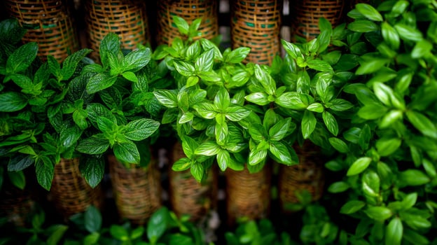 Green plants growing in a bamboo fence photo