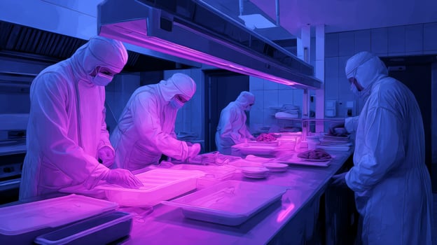 A group of people in white suits working in a kitchen photo