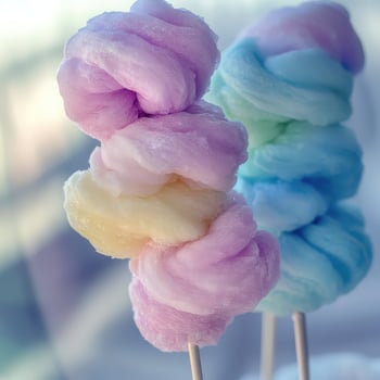 Two cotton candy sticks with colorful cotton candy on them photo
