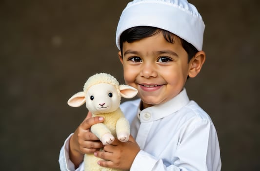 Joyful child in traditional dress holding a cute lamb toy. Eid al-Adha photo