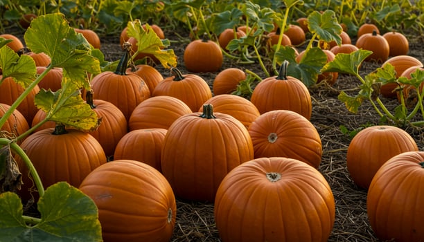 Pumpkin field in harvest season with vibrant orange pumpkins scattered across rich soil photo