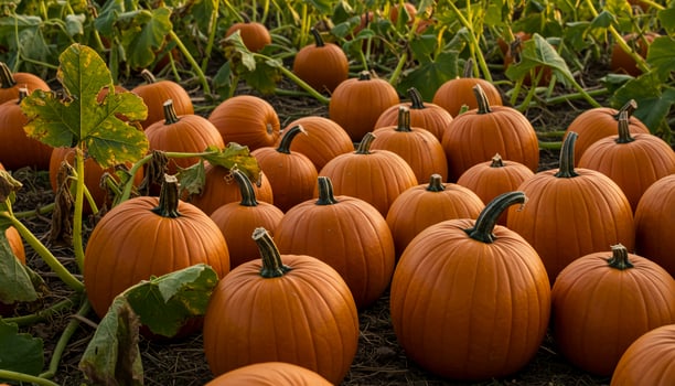Golden autumn light on pumpkin field with vibrant orange pumpkins and rich soil textures photo