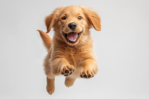 Playful golden retriever puppy jumps with joy indoors during daylight photo